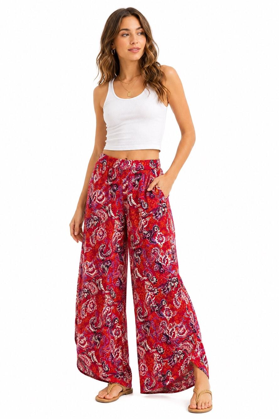 Free People Women's Red Paisley Print Boho Flowy Palazzo Wide Leg Pants Size S
